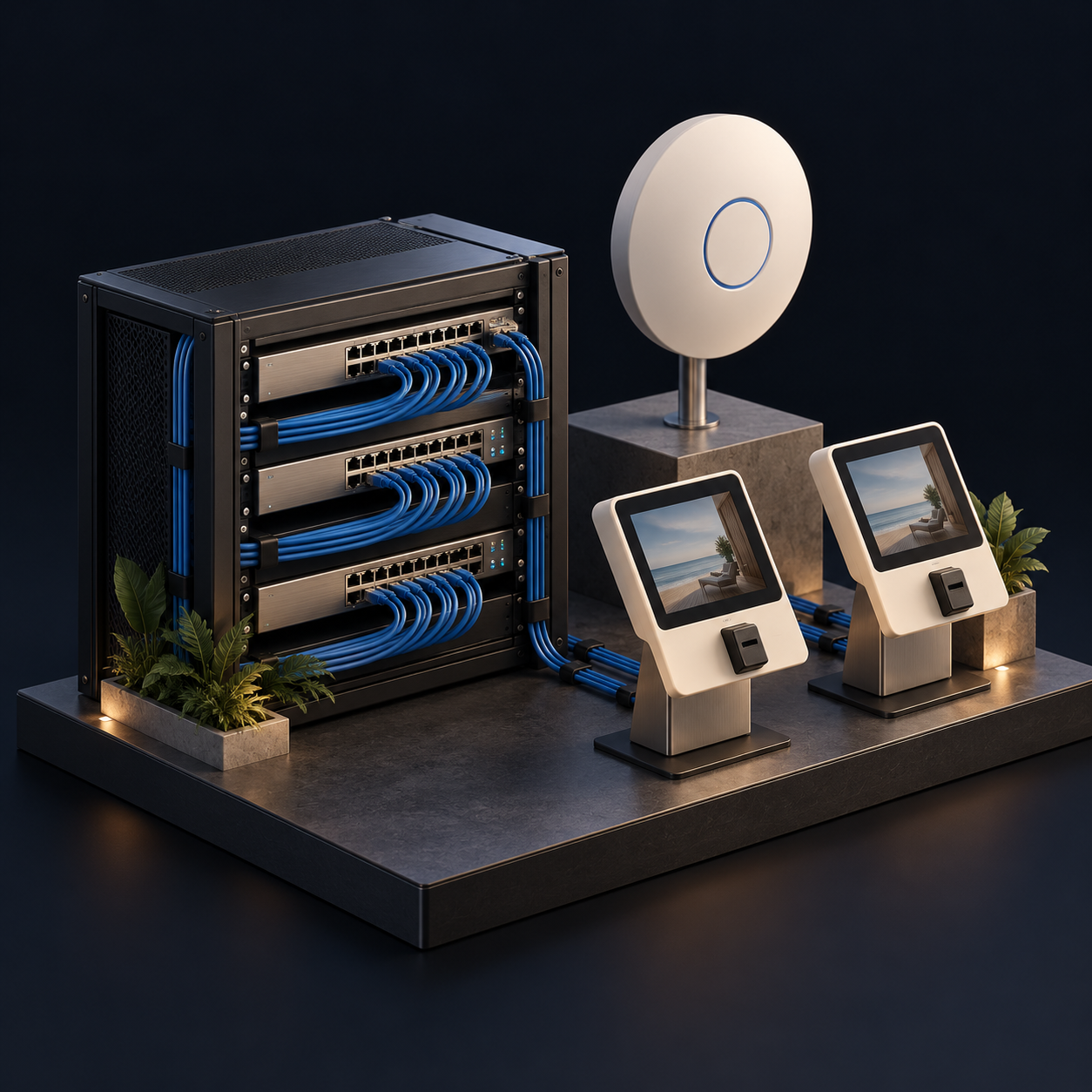 Concept illustration of a network connecting hospitality devices