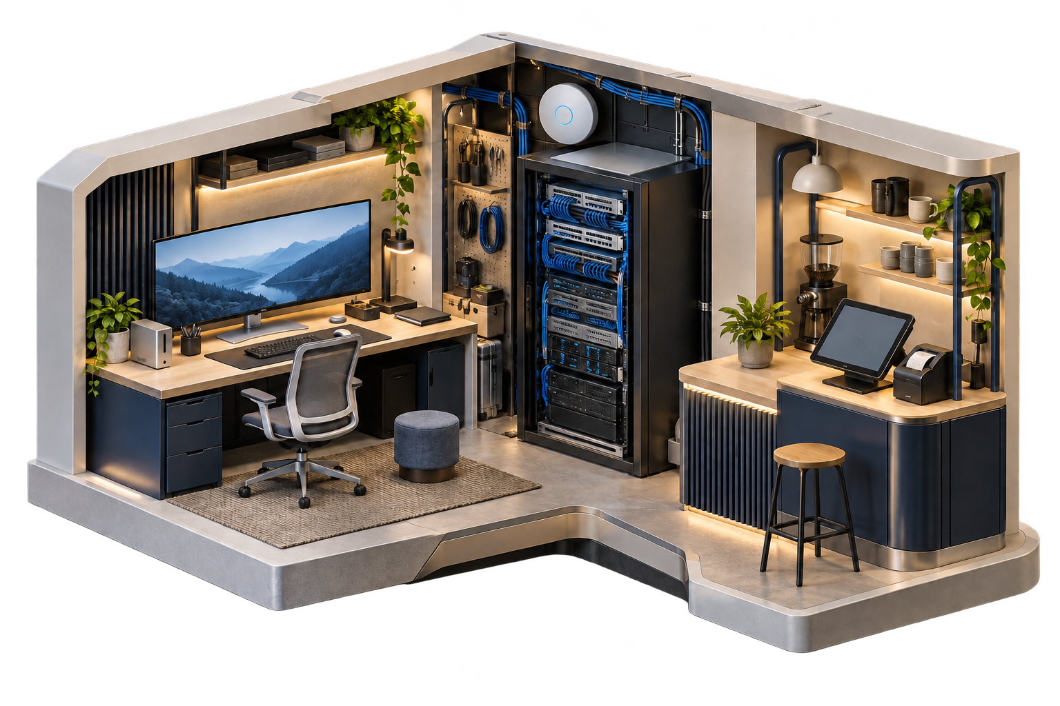 A miniature technology workshop connecting a software desk, network equipment, and a hospitality workstation.